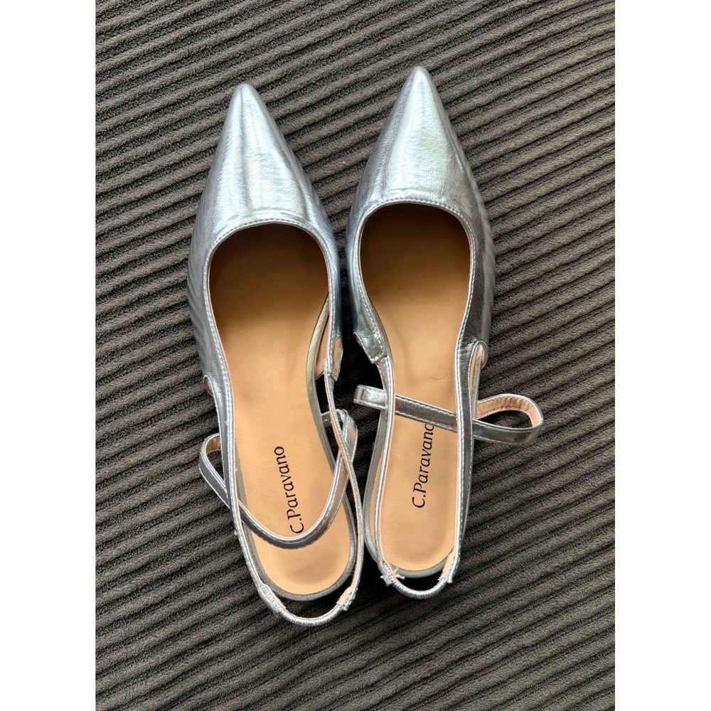 NWOT C.Paravano Silver Metallic Pointed Toe Slingback Mary Jane Flats Chic S6.5 - Picture 7 of 10